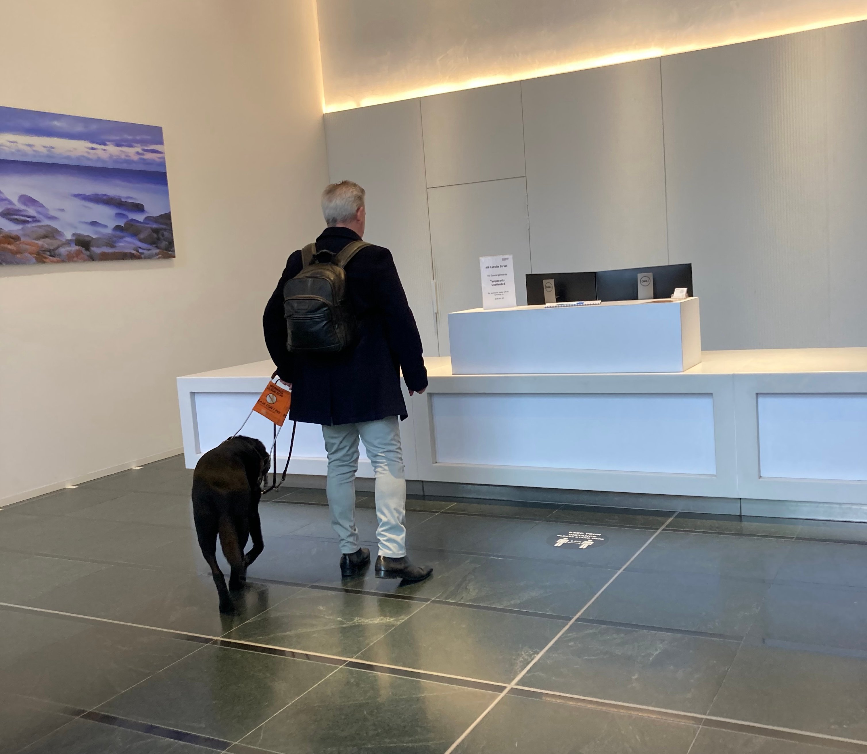 Blind person and guide doc arrive at empty reception desk